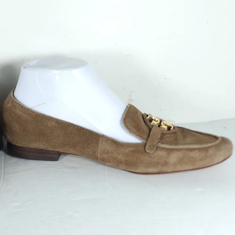 TORY BURCH Women's Metal Miller US8M Taupe Suede Medallion Logo Loafer Flats